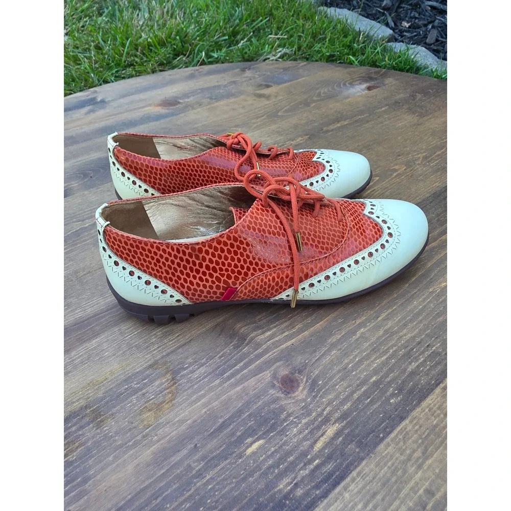 Marc Joseph New York NYC Golf Shoes Orange Snakeskin Leather Wingtip Womens 7.5